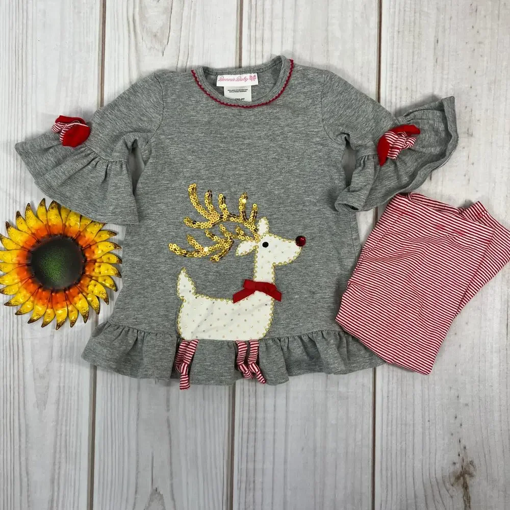 Bonnie Baby Girls 18M‎ Christmas Reindeer Tunic & Striped Leggings Set